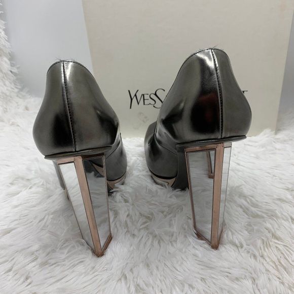 Yves Saint Laurent Mirror Pumps YSL Heels Silver Pewter Vintage mirrored vtg 8.5 - Picture 3 of 14